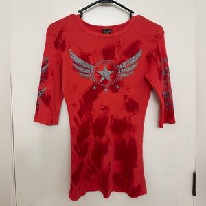 Sledge USA Y2K ribbed fitted 3/4 sleeve shirt with silver graphic Women’s Large